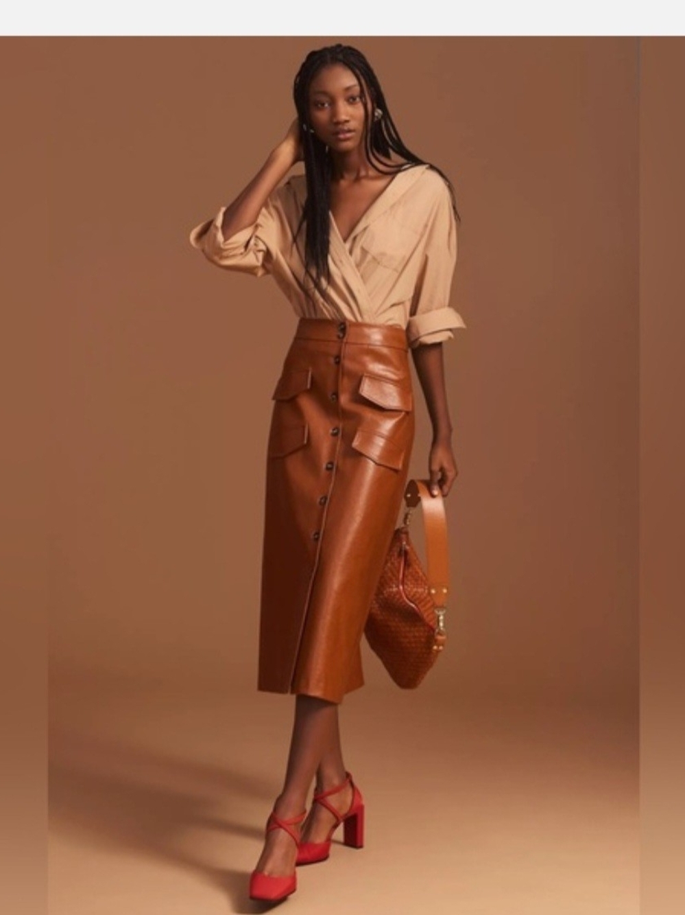 MareMare X Anthropologie Cognac Faux-Leather Button-Front Midi Skirt